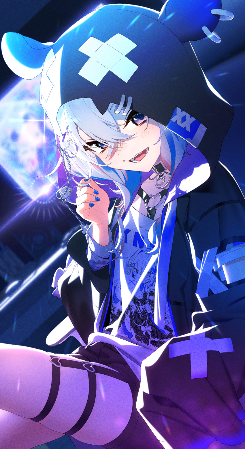 1girl, amane_kanata, amane_kanata_(punk_rock), bad_kim, black_jacket, blue_eyes, blue_hair, blue_nails