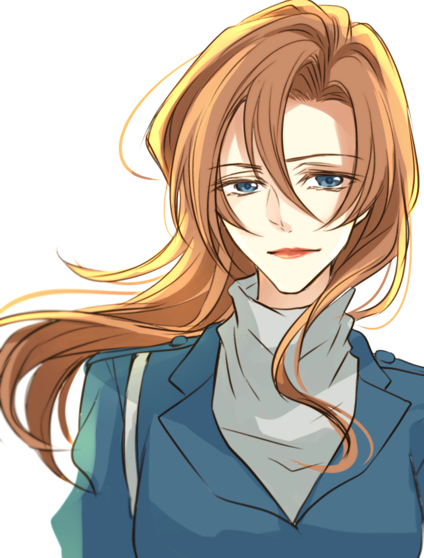 1girl, blue_eyes, blue_jacket, commentary_request, floating_hair, hagiwara_chihaya, hair_between_eyes, hana_930