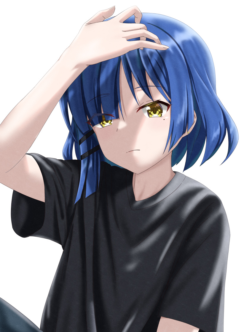 1girl, absurdres, arm_up, black_shirt, blue_hair, bocchi_the_rock!, closed_mouth, earrings