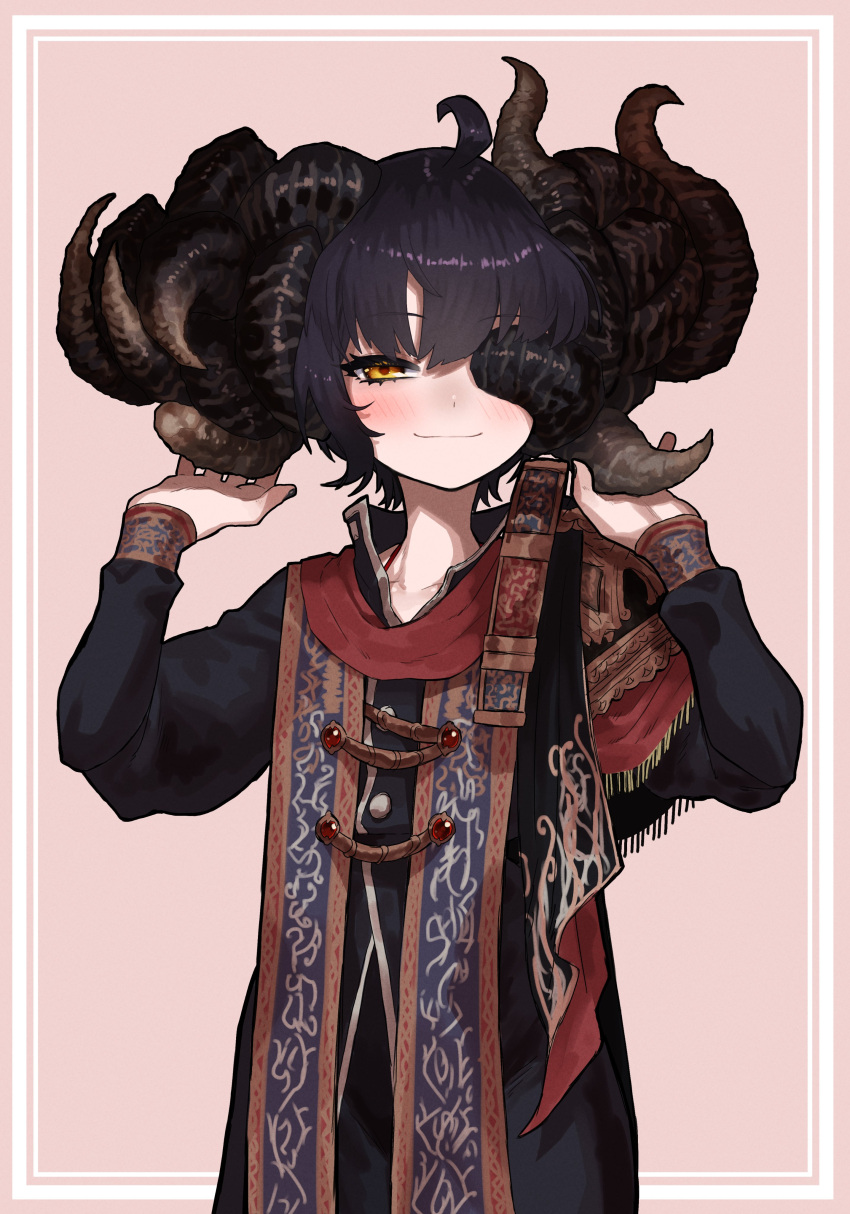 1girl, absurdres, ahoge, arms_up, asymmetrical_horns, black_hair, black_shirt, blush