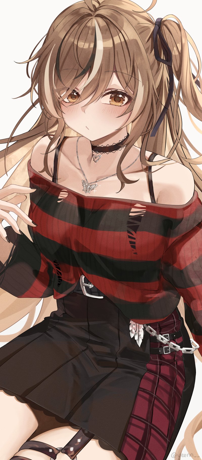 1girl, ahoge, belt, belt_chain, black_choker, black_nails, black_ribbon, black_skirt