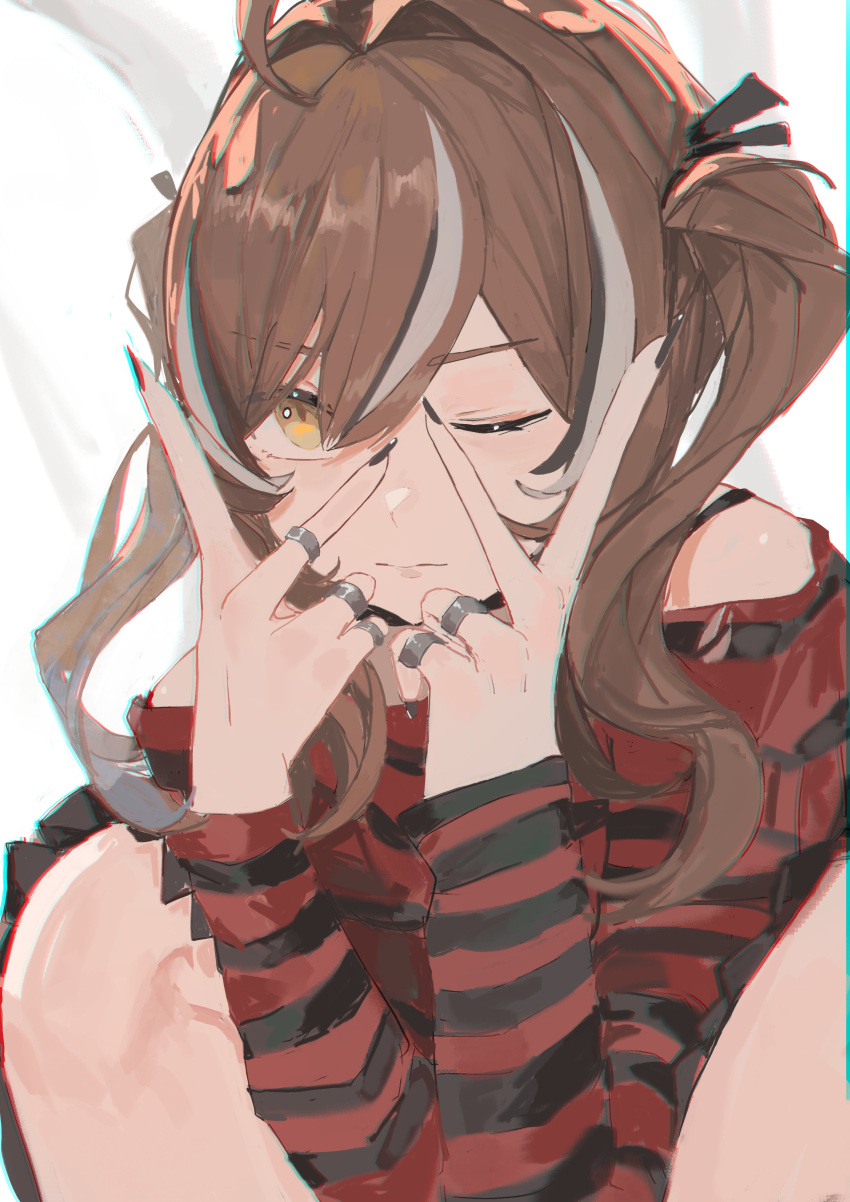 1girl, absurdres, ahoge, black_nails, black_skirt, black_sweater, brown_eyes, brown_hair