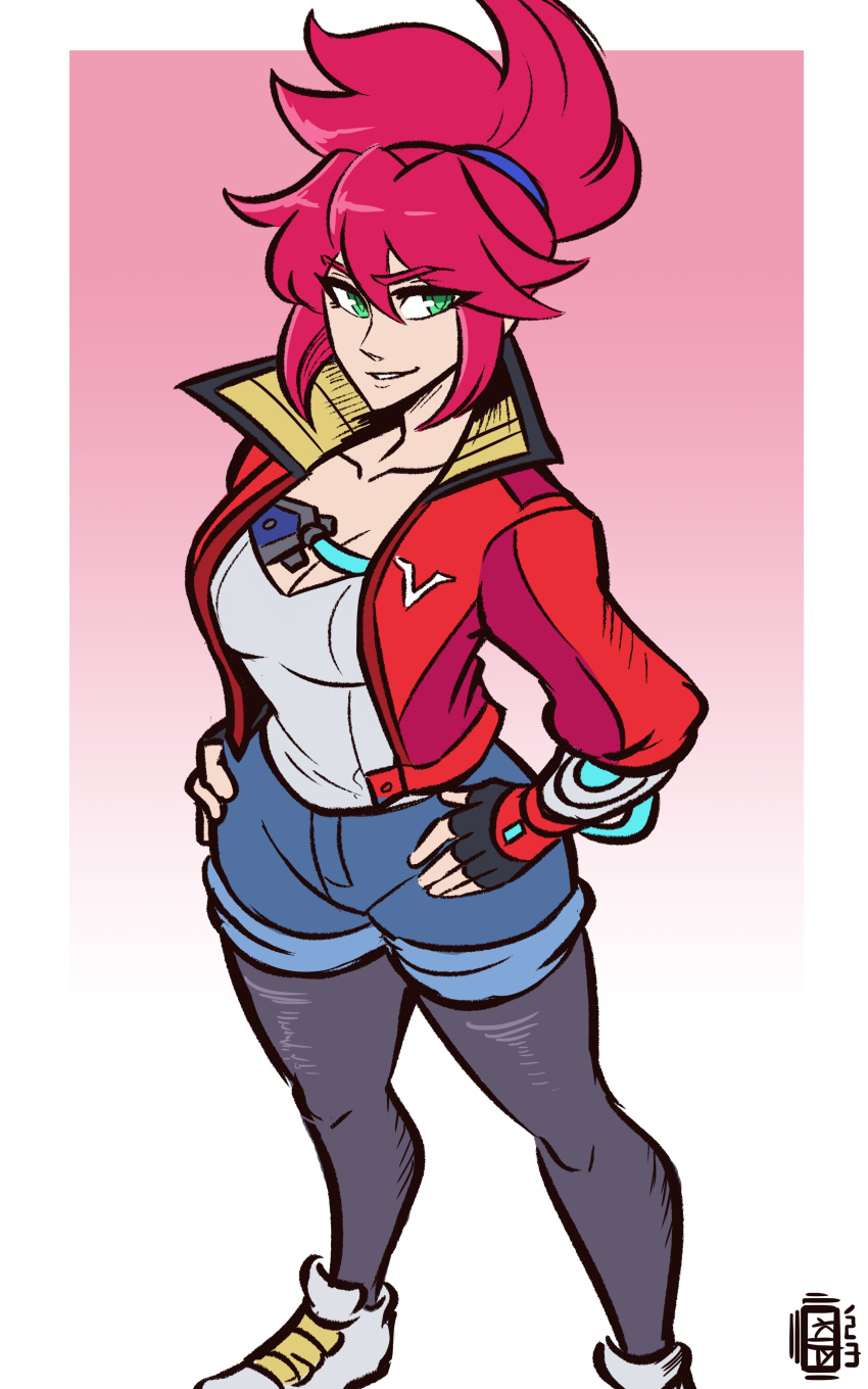 1girl, absurdres, cropped_jacket, denim, denim_jacket, green_eyes, hi-fi_rush, highres