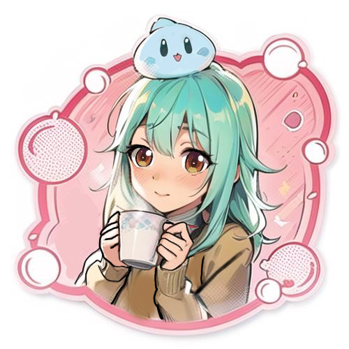 1girl, 1other, aqua_hair, brown_eyes, brown_sweater, child, cup, drinking, holding, holding_cup, ivy_(saijaku_tamer), light_blush, long_hair, looking_at_viewer, lowres, mug, pink_background, ren_(user_thus8583), saijaku_tamer_wa_gomi_hiroi_no_tabi_wo_hajimemashita, slime_(creature), slime_on_head, sora_(saijaku_tamer), steam, sweater