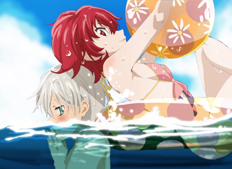 1boy, 1girl, aqua_eyes, ball, beachball, bikini, blue_sky, blush