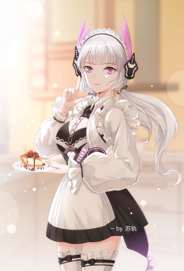 1girl, artist_name, black_dress, breasts, cake, cake_slice, chain, cleavage_cutout