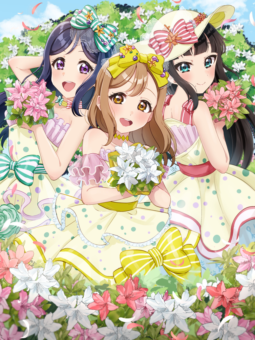3girls, :d, absurdres, aqua_eyes, azalea_(love_live!), black_hair, bouquet, bow, brown_eyes, brown_hair, closed_mouth, collarbone, dress, floating_hair, flower, hair_bow, hat, highres, holding, holding_bouquet, kunikida_hanamaru, kurosawa_dia, kyaku_tasu, long_hair, looking_at_viewer, love_live!, love_live!_sunshine!!, matsuura_kanan, multiple_girls, open_mouth, pink_flower, polka_dot, polka_dot_dress, sleeveless, sleeveless_dress, smile, striped_bow, sun_hat, very_long_hair, violet_eyes, white_dress, white_flower, white_hat, yellow_bow