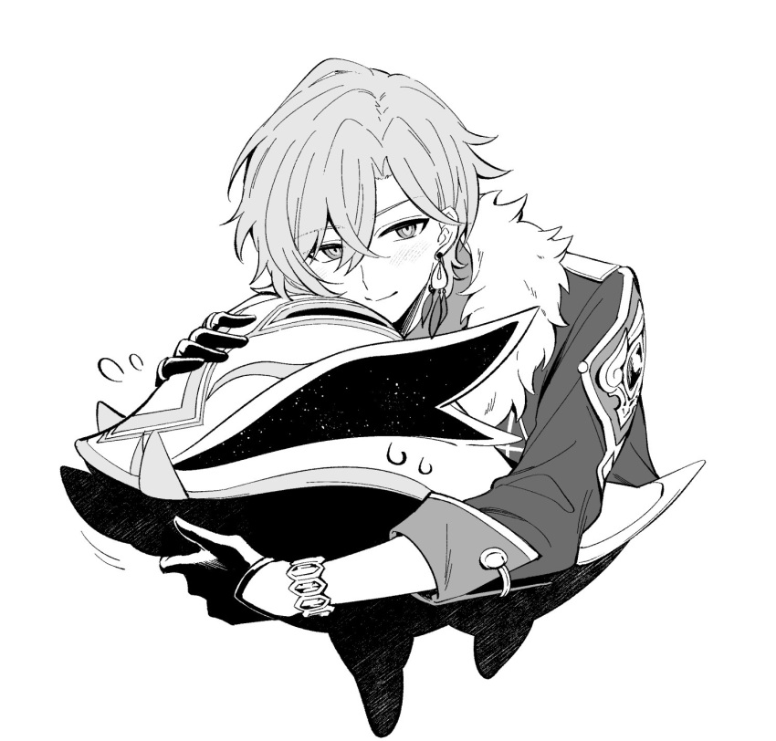 1boy, animal, aventurine_(honkai:_star_rail), bracelet, commentary, cropped_torso, earrings, feather_earrings