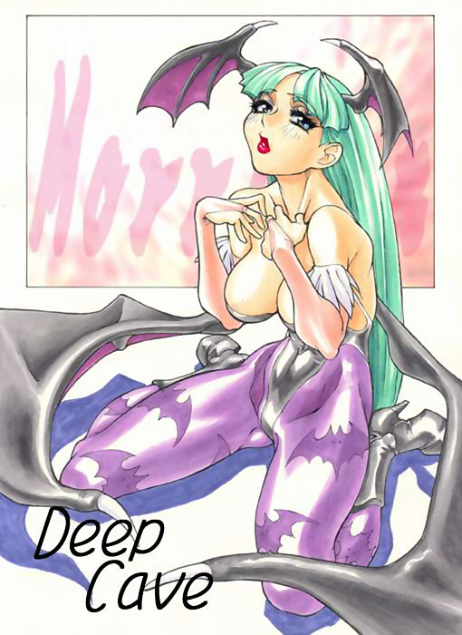breasts, capcom, cleavage, darkstalkers, deep_cave, green_hair, kneeling, large_breasts, legs, leotard, lipstick, long_hair, long_legs, morrigan_aensland, pantyhose, pierre_norano, print_pantyhose, purple_pantyhose, solo, thighs, vampire_(game), wings