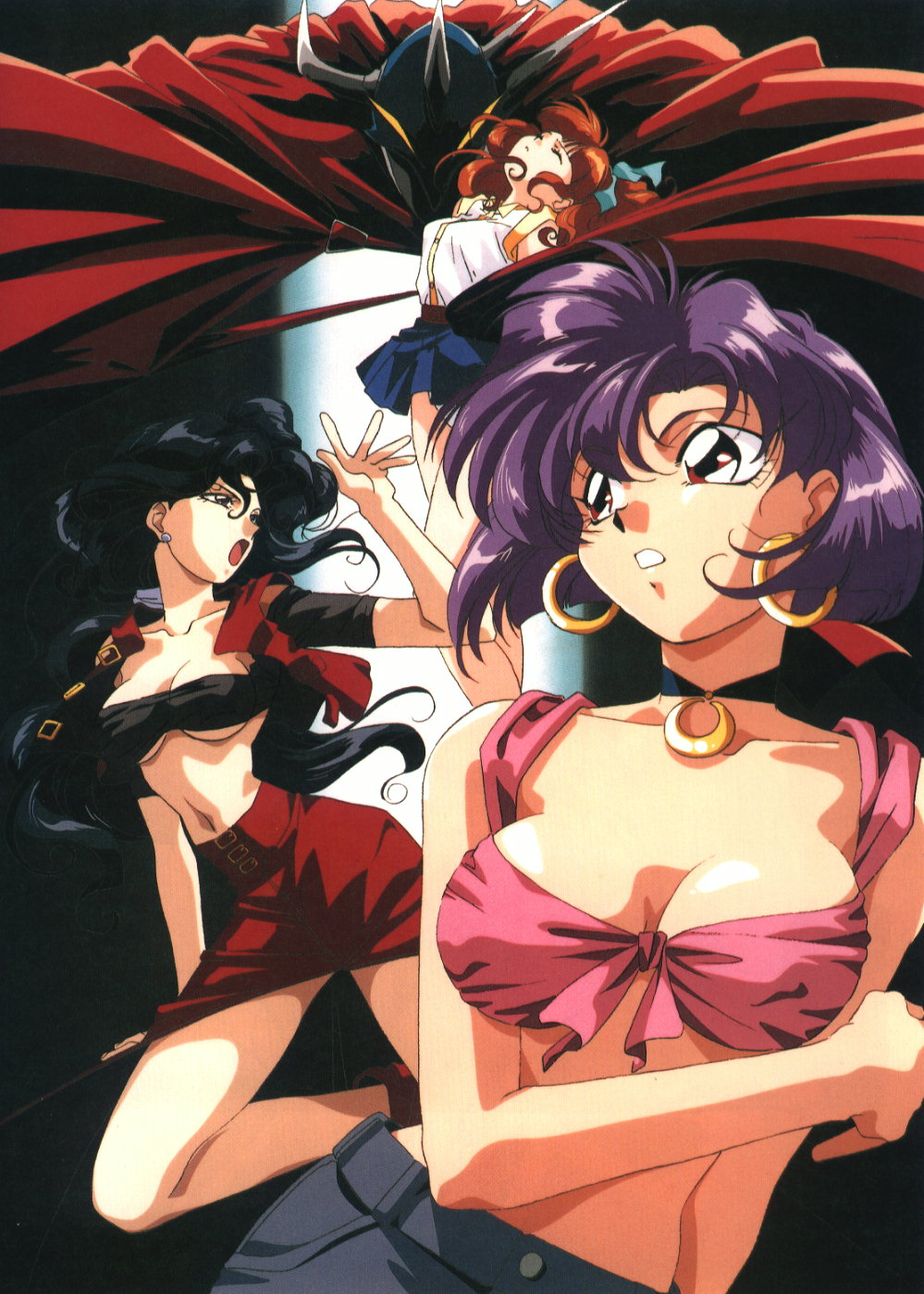 90s, animahjong_x, black_hair, earrings, highres, houma_hunter_lime, jewelry, long_hair, multiple_girls, nakajima_atsuko, official_art, open_mouth, purple_hair, red_hair, redhead, skirt