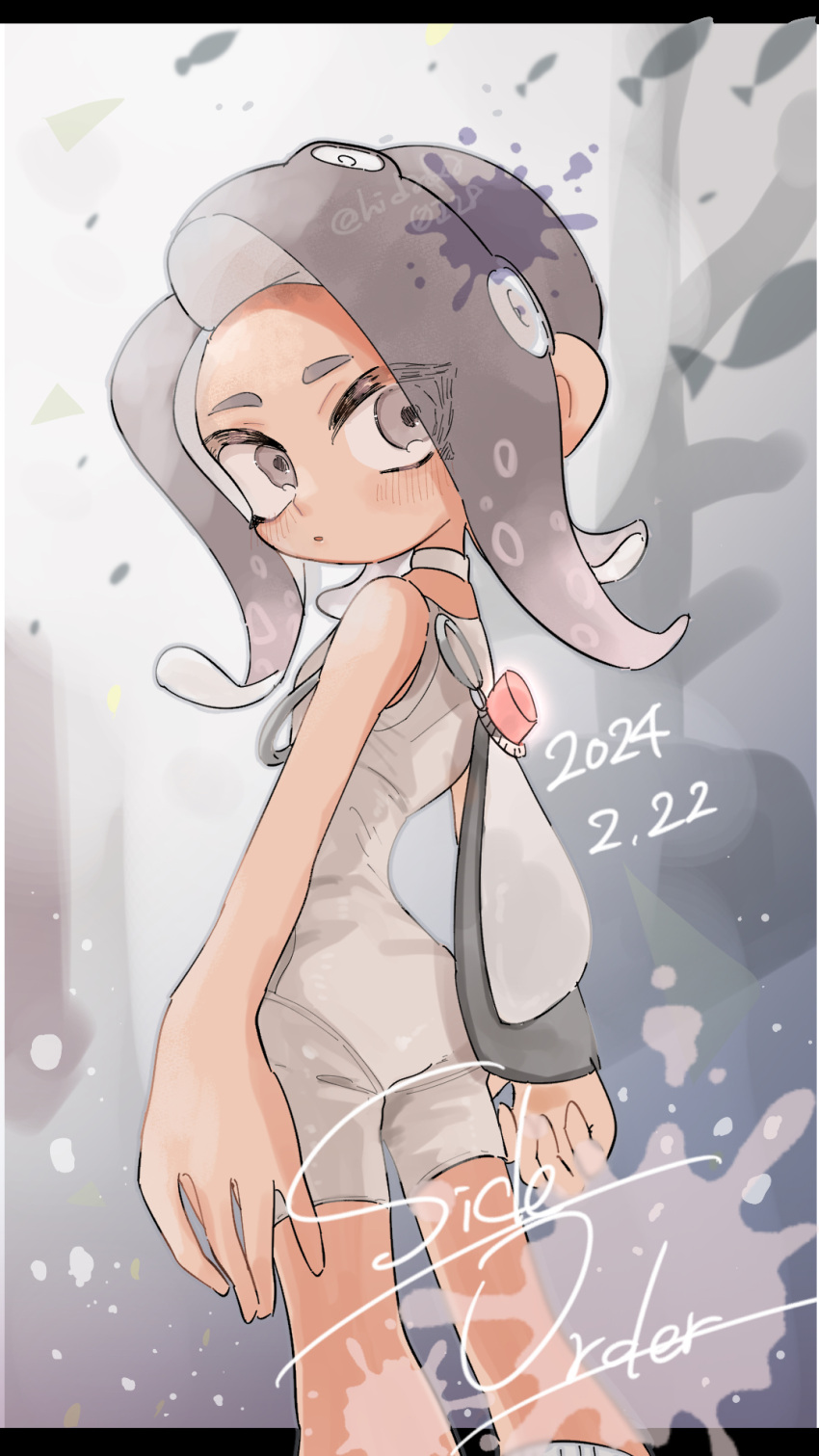 1girl, 2024, :o, agent_8_(splatoon), arms_at_sides, artist_name, bare_shoulders, black_border