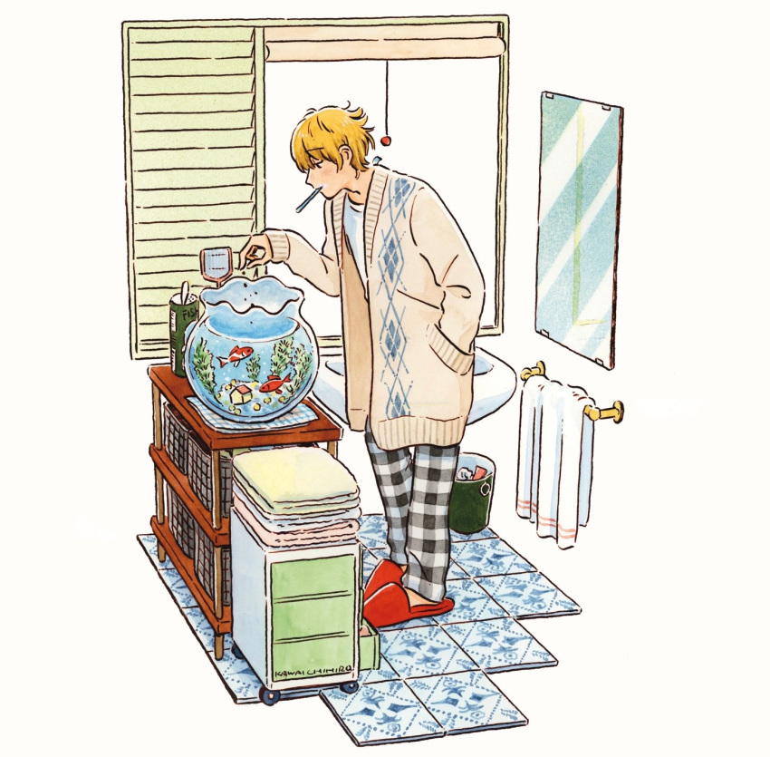 1boy, artist_name, blonde_hair, coat, diorama, feeding, feeding_animal, fish, fishbowl, full_body, gingham, gingham_pants, hand_in_pocket, highres, indoors, kawai_chihiro, long_sleeves, male_focus, mirror, open_clothes, open_coat, original, pants, red_footwear, short_hair, sink, slippers, solo, standing, tile_floor, tiles, toothbrush_in_mouth, towel, towel_rack, trash_can, very_short_hair, window, window_blinds