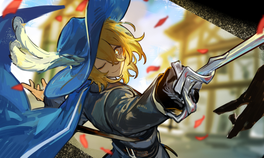1girl, belt, black_belt, black_gloves, black_shirt, blonde_hair, blue_cape, blue_hat