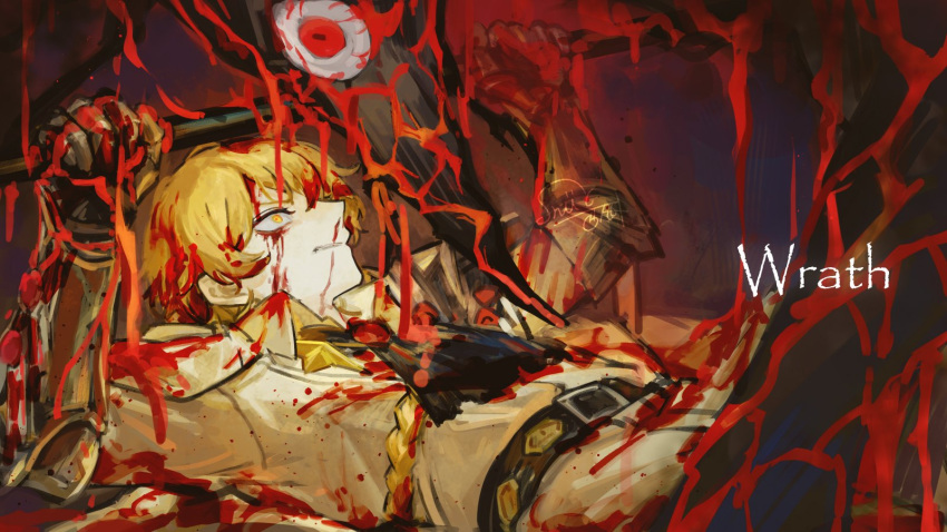 1boy, ascot, belt, black_ascot, black_belt, blonde_hair, blood, blood_on_armor