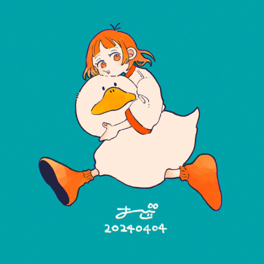 1girl, aqua_background, commentary, dated, from_side, full_body, goose_costume, highres