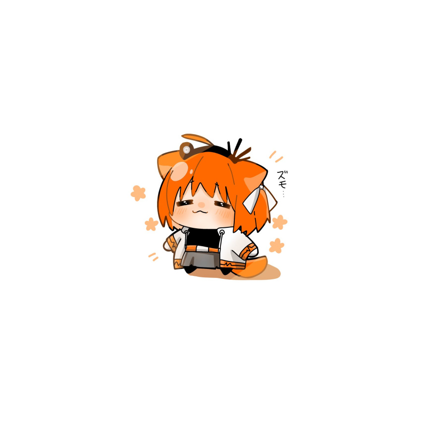 1girl, :3, =_=, a.i._voice, adachi_rei, ahoge, animal_ears, belt, black_shirt, blush, cat_ears, cat_tail, chibi, closed_eyes, closed_mouth, facing_viewer, flower_(symbol), gloves, gorilla_ultra, grey_skirt, hair_ribbon, headlamp, highres, jacket, kemonomimi_mode, long_sleeves, medium_hair, notice_lines, one_side_up, open_clothes, open_jacket, orange_belt, orange_hair, ribbon, shirt, simple_background, skirt, solo, standing, tail, utau, white_background, white_gloves, white_jacket