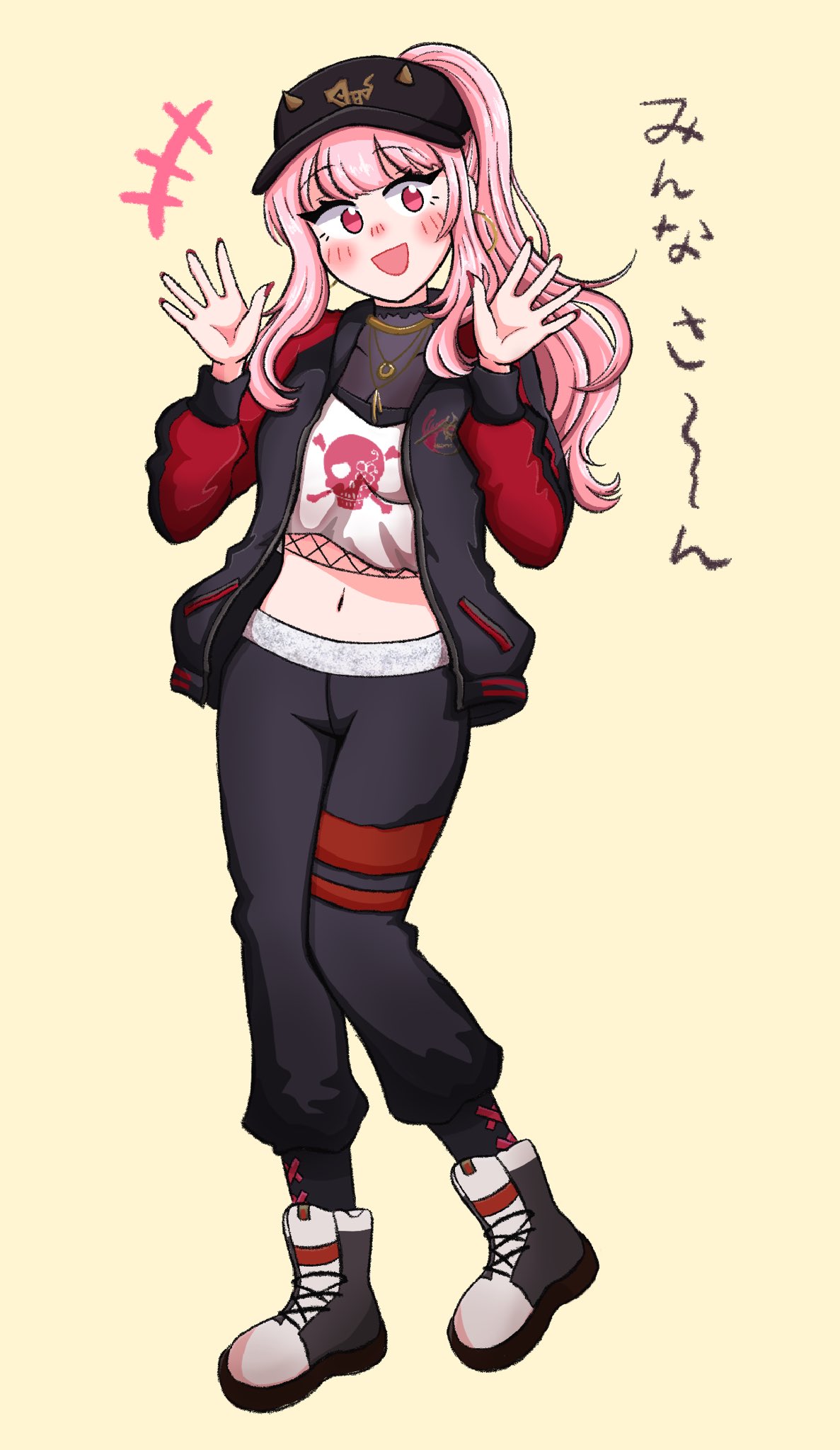 1girl, arexsudraws, baseball_cap, crop_top, fishnet_top, fishnets, hat, highres, hololive, hololive_english, jacket, long_hair, midriff, mori_calliope, mori_calliope_(streetwear), multicolored_clothes, multicolored_jacket, nail_polish, official_alternate_costume, pants, pink_hair, ponytail, red_jacket, shoes, simple_background, skull_and_crossbones, skull_print, sweatpants, two-tone_jacket, virtual_youtuber