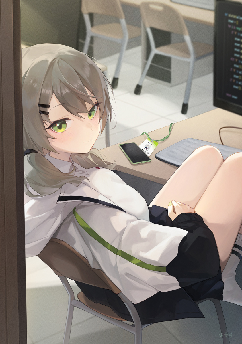 1girl, black_skirt, breasts, brown_hair, cellphone, chair, chat_log, desk, green_eyes, grey_jacket, hair_ornament, hairclip, highres, jacket, keyboard_(computer), legs_up, long_sleeves, looking_at_viewer, looking_to_the_side, low_twintails, medium_breasts, miniskirt, monitor, open_clothes, open_jacket, phone, pleated_skirt, s0104y, school_chair, school_desk, shirt, sitting, skirt, smartphone, smile, socks, solo, thighs, twintails, viichan, virtual_youtuber, waktaverse, white_shirt, white_socks