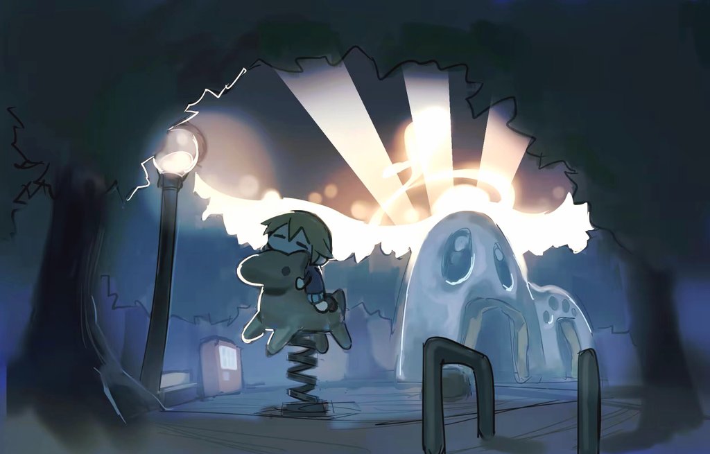 1girl, backlighting, black_shirt, blonde_hair, building, chibi, closed_eyes, grey_skirt, lamppost, long_sleeves, night, no_mouth, outdoors, park, pingupingn, riding, searchlight, shirt, shoes, short_hair, skirt, solo, spring_rider, tree, urotsuki, vending_machine, wide_shot, yume_2kki