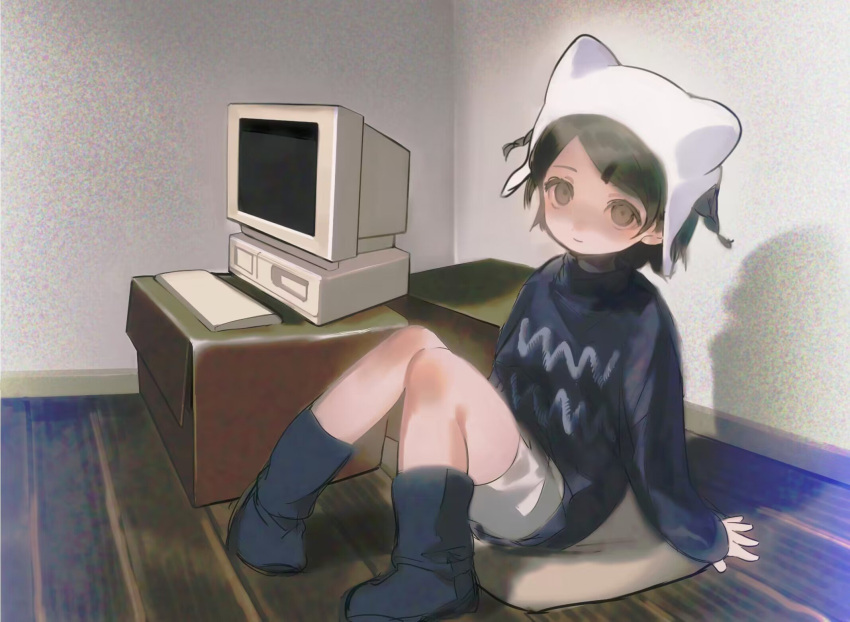 1girl, animal_ear_headwear, arm_support, beanie, black_footwear, black_sweater, boots, box