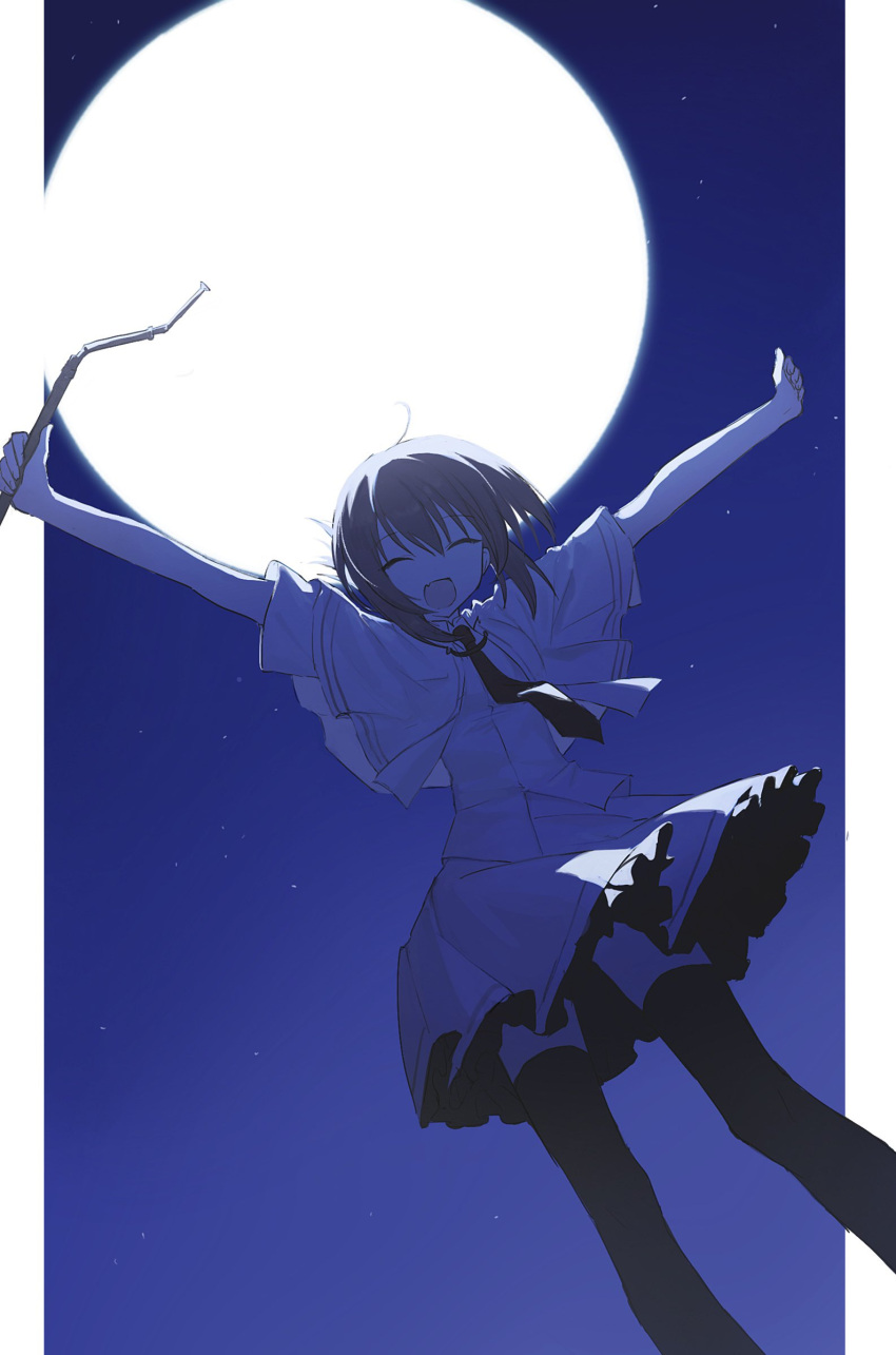 1girl, arms_up, backlighting, black_thighhighs, blue_sky, broken, brown_hair, capelet