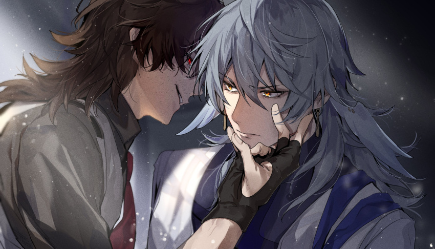 2boys, black_gloves, black_shirt, brown_hair, closed_mouth, collared_shirt, earrings, fingerless_gloves