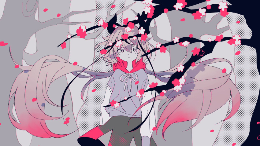 1other, alternate_costume, arms_at_sides, black_hair, black_skirt, branch, buglug_(vocaloid), commentary_request