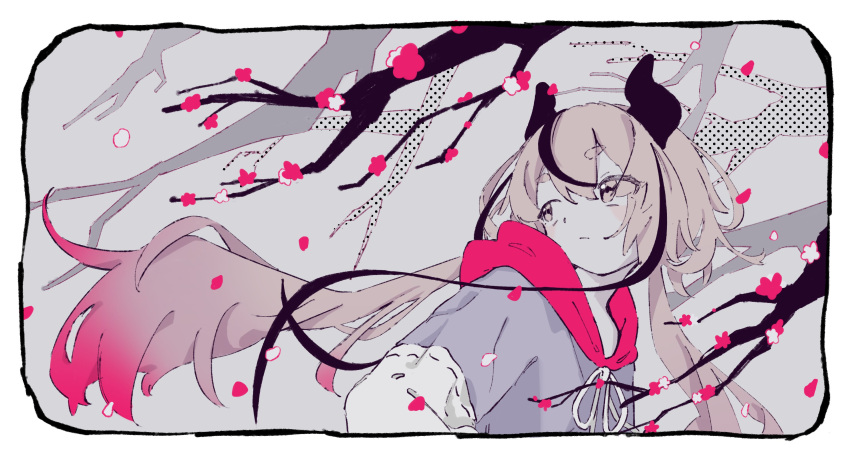 1other, absurdres, alternate_costume, alternate_hair_color, black_hair, blush, border, branch