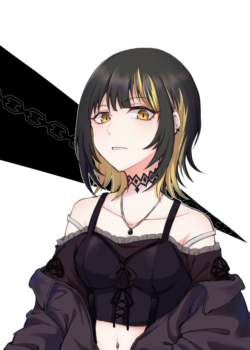 1girl, barbell_piercing, black_hair, black_jacket, blonde_hair, breasts, choker, collarbone