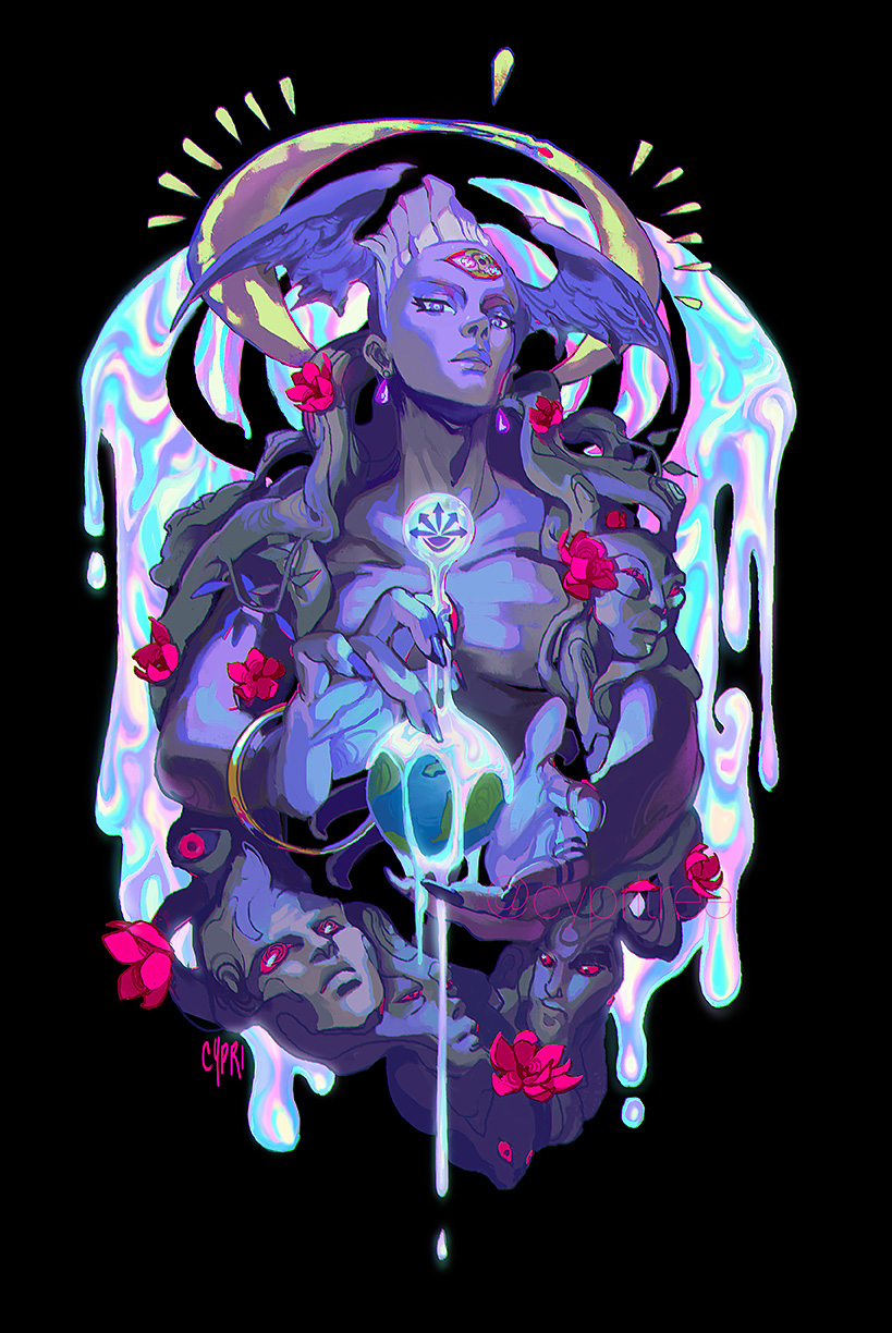 1other, androgynous, artist_name, bat_wings, black_background, bonnie_tang, bracelet, chaos_(hades), earrings, earth_(planet), english_commentary, extra_faces, facial_mark, fingernails, flower, forehead_mark, gold_bracelet, hades_(series), halo, head_wings, highres, holding_planet, jewelry, looking_at_viewer, no_shirt, planet, roots, short_hair, signature, slime_(substance), twitter_username, violet_eyes, white_hair, wings, yellow_halo