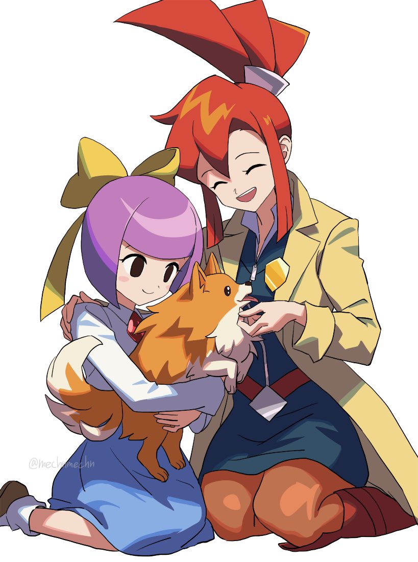 2girls, ^_^, blue_dress, bow, closed_eyes, coat, commentary_request, dog