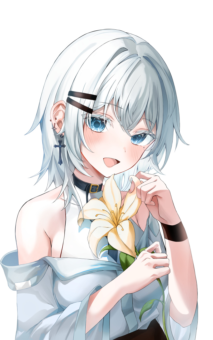 1girl, absurdres, belt_collar, blue_eyes, blush, choker, collar, earrings