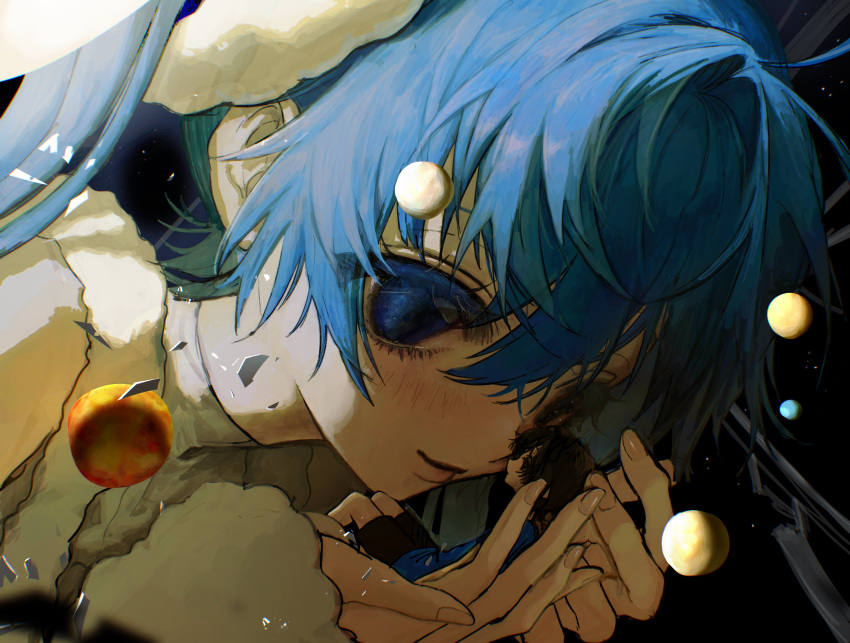 1boy, 1girl, absurdres, black_hair, black_shorts, blue_eyes, blue_hair, blue_shirt