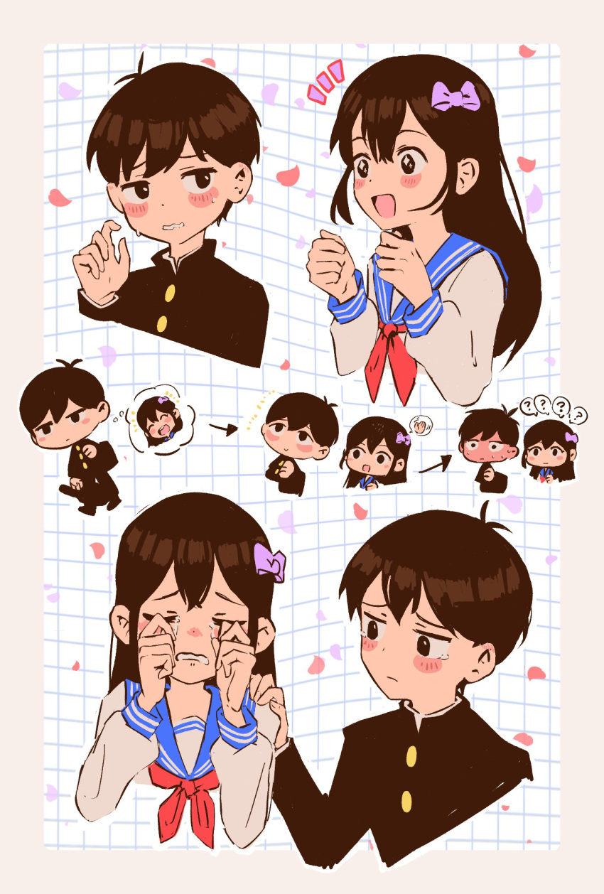 1boy, 1girl, ?, aubrey_(faraway)_(omori), aubrey_(omori), black_hair, blush, bow