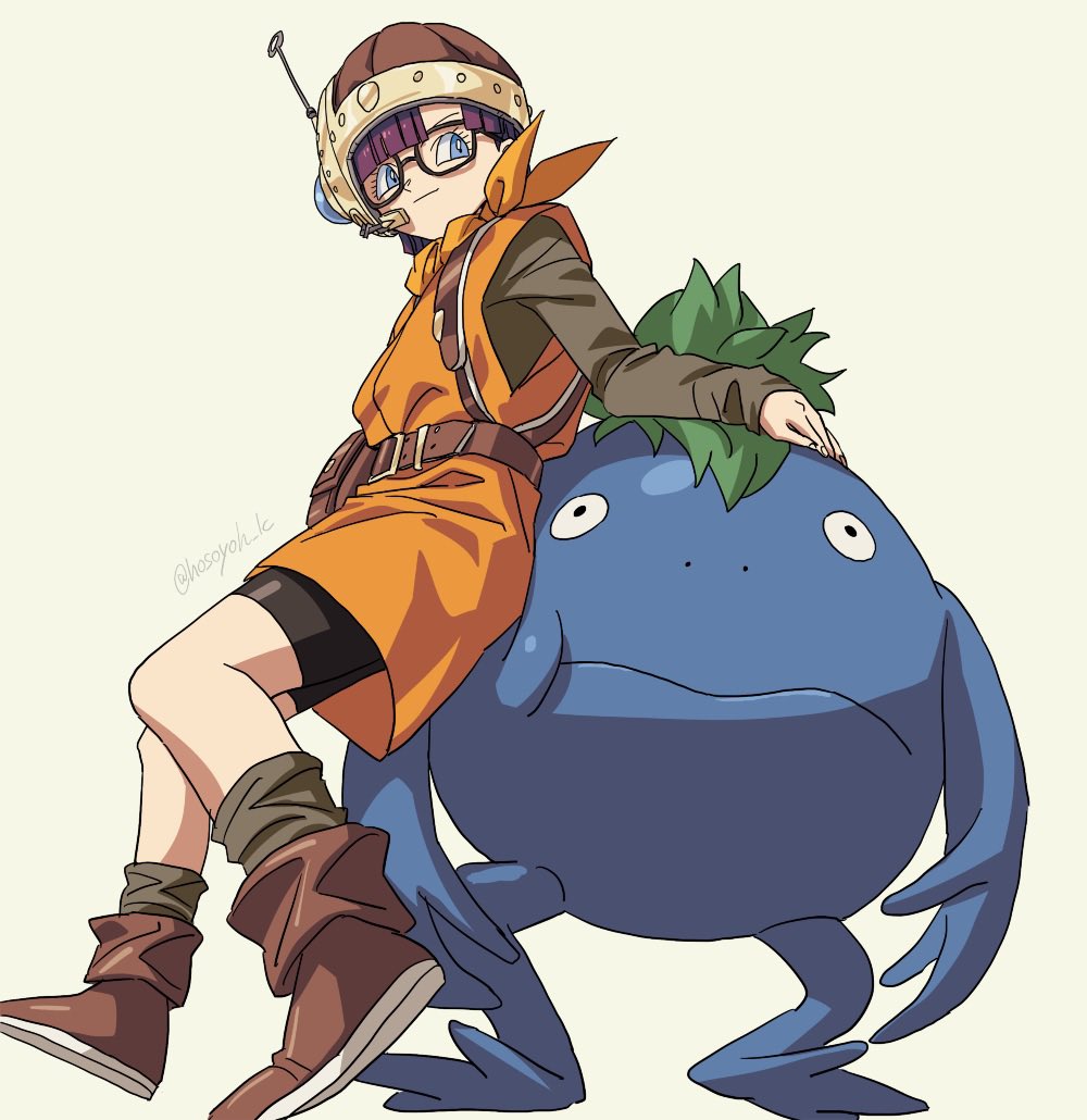 1girl, 1other, antennae, bike_shorts, black_shorts, blue_eyes, blue_skin, blunt_bangs