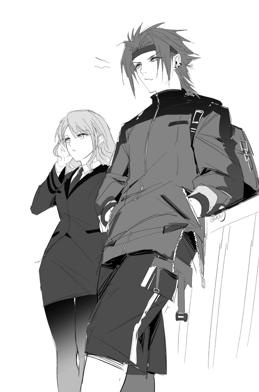 1boy, 1girl, alternate_universe, black_footwear, black_pantyhose, breasts, cissnei, cowboy_shot