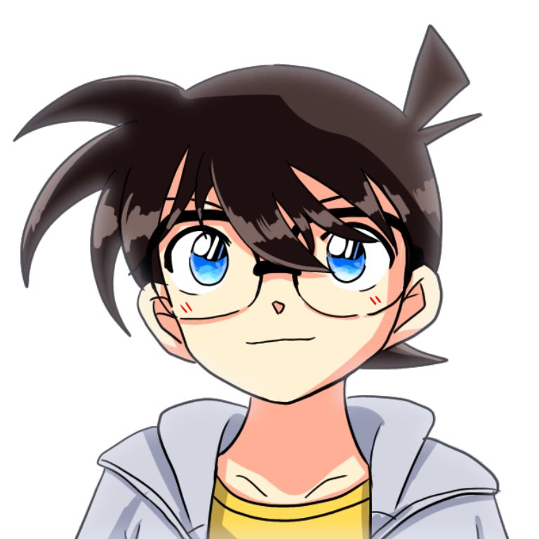 1boy, black-framed_eyewear, blue_eyes, blush, brown_hair, close-up, closed_mouth, commentary_request