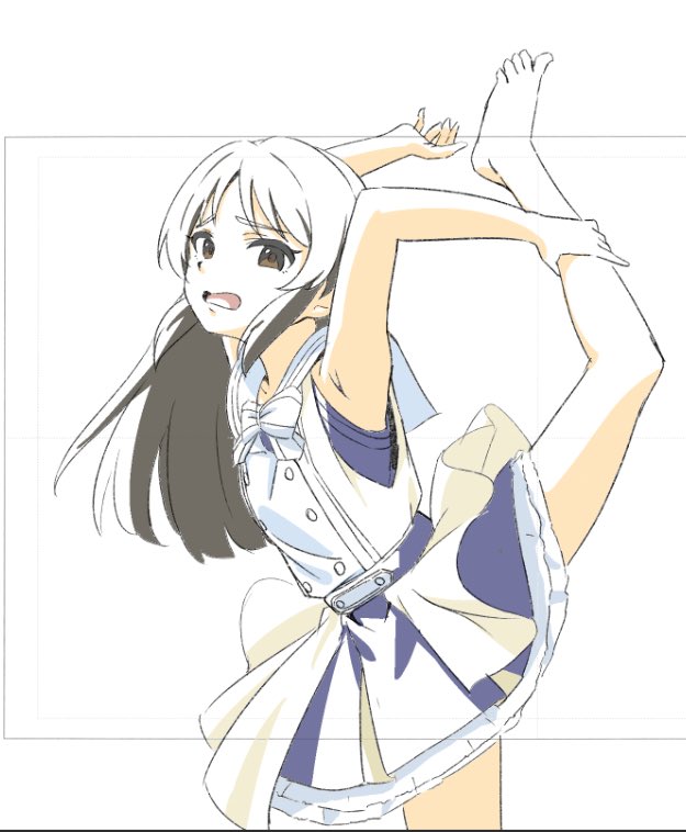 1girl, barefoot, black_hair, bow, bowtie, brown_eyes, idolmaster, idolmaster_cinderella_girls, leg_up, long_hair, looking_at_viewer, open_mouth, papiyon1297, sailor_collar, shirt, skirt, solo, split, standing, standing_on_one_leg, standing_split, tachibana_arisu, toes