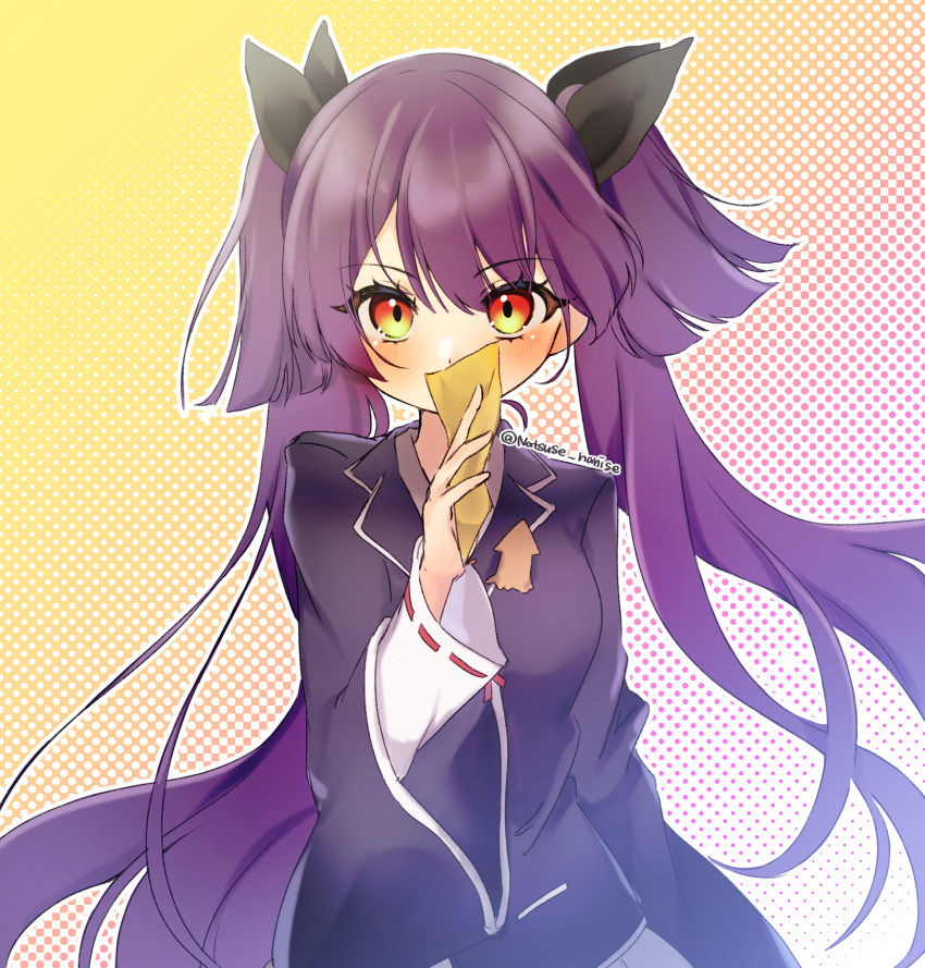 1girl, arm_at_side, artist_name, black_jacket, black_ribbon, blazer, blush, commentary_request