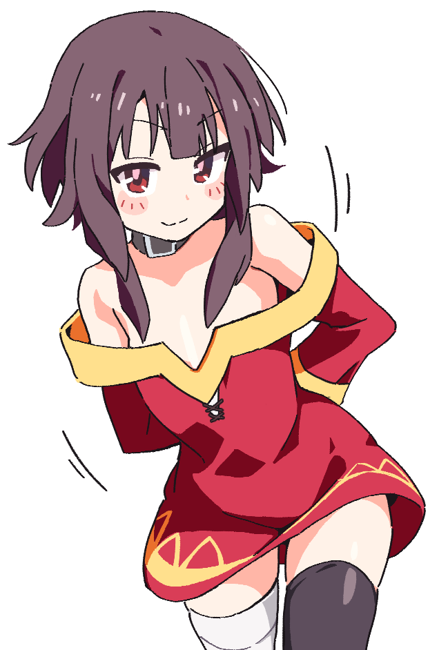 >:), 1girl, arms_behind_back, bandaged_leg, bandages, bare_shoulders, black_thighhighs, blunt_bangs