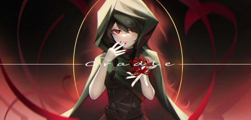 1girl, bare_arms, black_dress, bleeding, blood, casting_spell, character_name, cloak