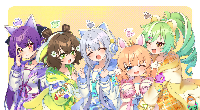 5girls, :d, ^_^, akiru_kamira, animal_ear_headphones, animal_ears, bear_ears, black_ribbon