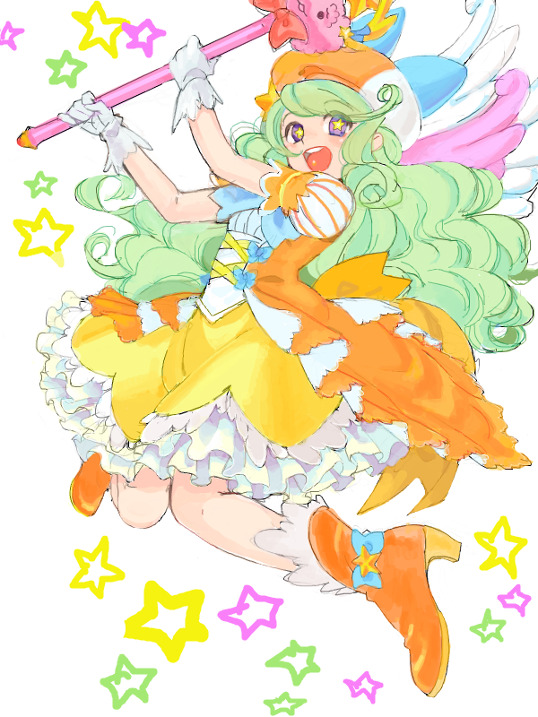 1girl, :d, bad_drawr_id, bad_id, boots, curly_hair, dress, floating, frilled_dress, frills, full_body, gloves, green_hair, hat, high_heel_boots, high_heels, holding, holding_wand, long_hair, looking_at_viewer, magical_girl, monster_strike, oekaki, open_mouth, orange_dress, orange_footwear, orange_hat, pego_(peco_peco), puffy_short_sleeves, puffy_sleeves, rembrandt_(monster_strike), short_sleeves, smile, solo, star-shaped_pupils, star_(symbol), symbol-shaped_pupils, teeth, two-tone_dress, two-tone_hat, upper_teeth_only, violet_eyes, wand, white_background, white_gloves, white_hat, wings, yellow_dress