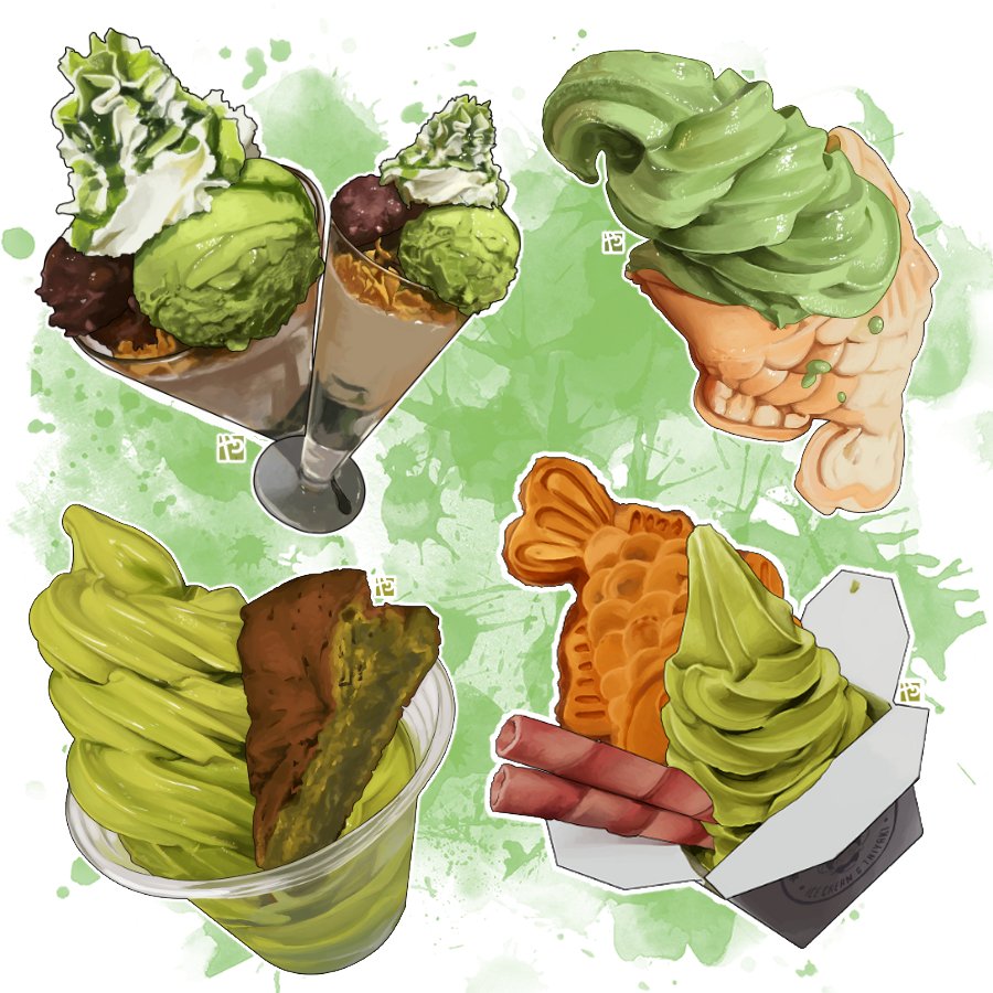 box, cake, cake_slice, commentary, cup, dessert, english_commentary, food, food_focus, glass, green_background, ice_cream, matcha_(food), no_humans, original, parfait, still_life, studiolg, taiyaki, two-tone_background, wagashi, white_background