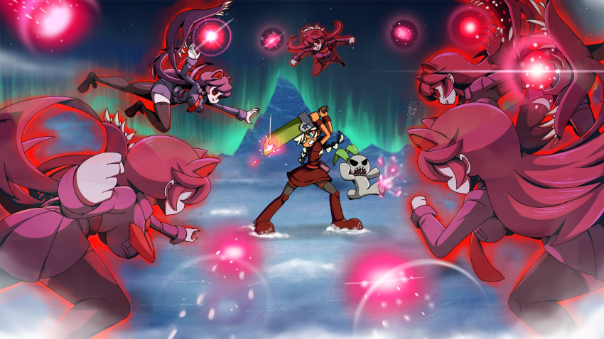 annie_(skullgirls), aurora, breasts, energy_ball, eyepatch, fukua_(skullgirls), highres, sagan_(skullgirls), short_hair, star_eyepatch, twintails, zerotosix06