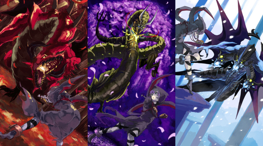 1girl, 3others, ankle_cuffs, bell, blizzard_king, blue_eyes, blue_sclera, boss_fight, bound, bound_arms, braid, chain, cloak, colored_sclera, commentary, cuffs, curse_maker, death_flag, dragon, eastern_dragon, extra_eyes, facing_another, falling_leaves, falling_petals, fangs, fleeing, forest, great_dragon_(sekaiju_no_meikyuu), hood, horns, leaf, long_hair, multiple_heads, multiple_others, nature, petals, purple_hair, red_eyes, scales, sekaiju_no_meikyuu, shackles, snowing, spikes, storm_emperor, toritori, western_dragon, wings, yellow_eyes
