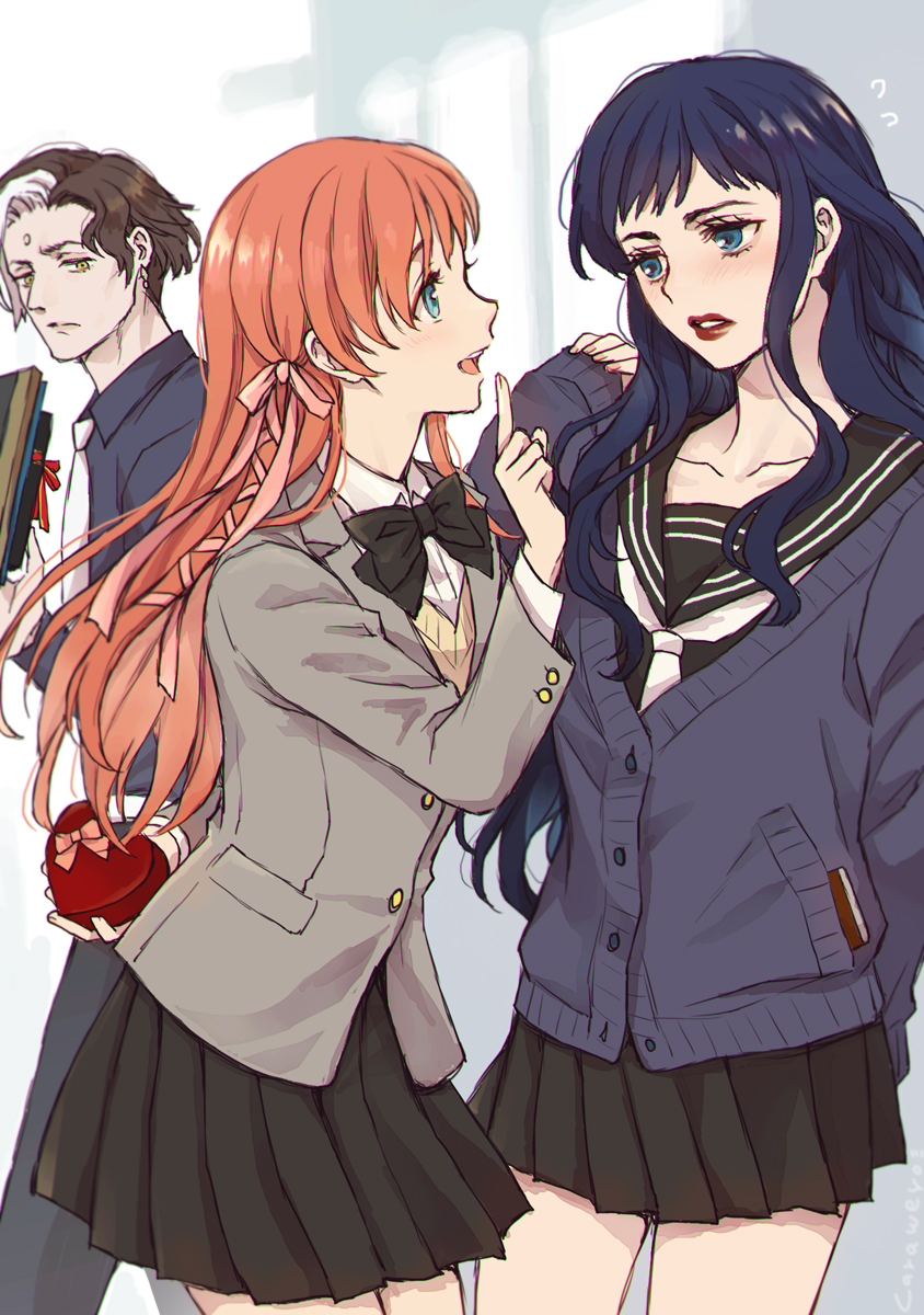 1boy, 2girls, arm_behind_back, black_bow, black_bowtie, black_skirt, blue_cardigan, blue_eyes
