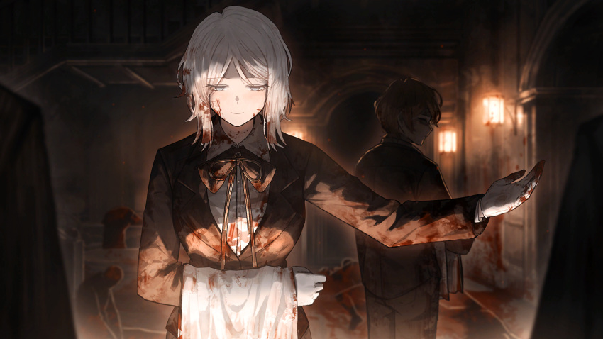 1boy, 1girl, 6+others, blood, blood_on_clothes, blood_on_face, blood_on_hands, blue_eyes