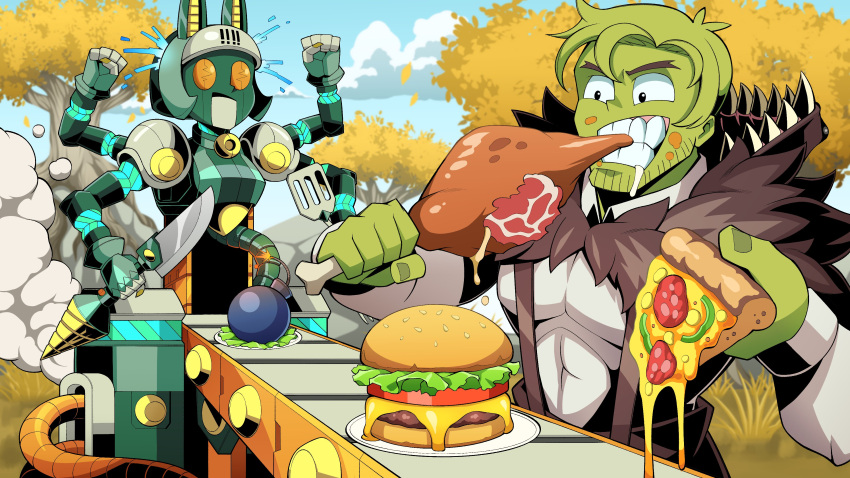 absurdres, beowulf_(skullgirls), bomb, boned_meat, burger, cosplay, explosive, food