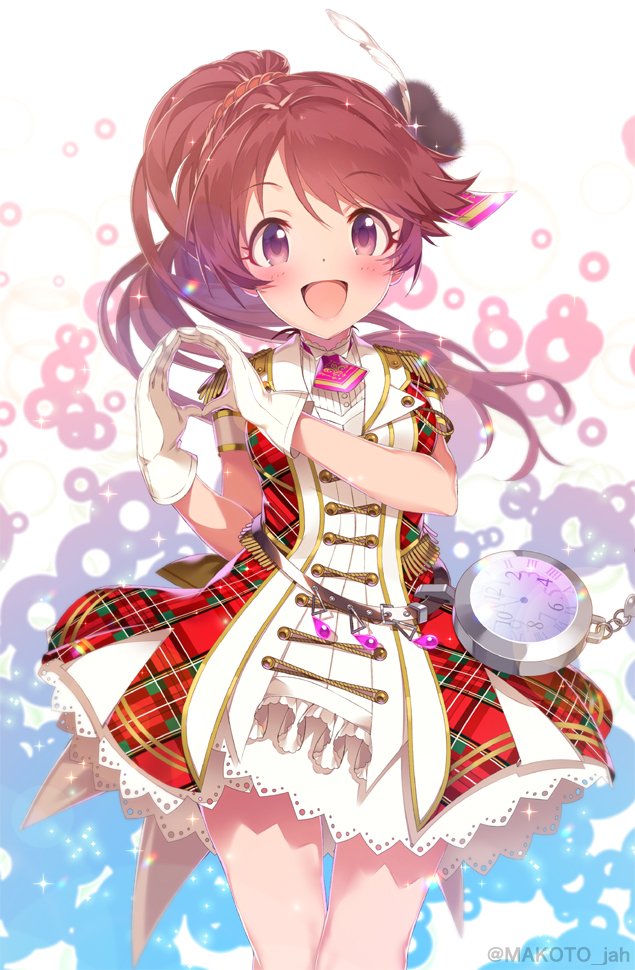 1girl, across_the_stars_(idolmaster), blurry, blush, breasts, brown_eyes, brown_hair, clock